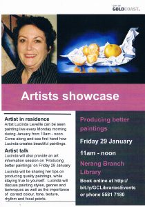 Artist Talk Flyer | Lucinda's Studio | Art Classes | Gold Coast