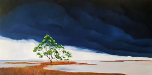 large blue clouds clouds, reflective water, lone tree Gold Coast Art | Lucinda's Studio | Art Classes Gold Coast | Lucinda Leveille Art | Oil Painting | Original Art