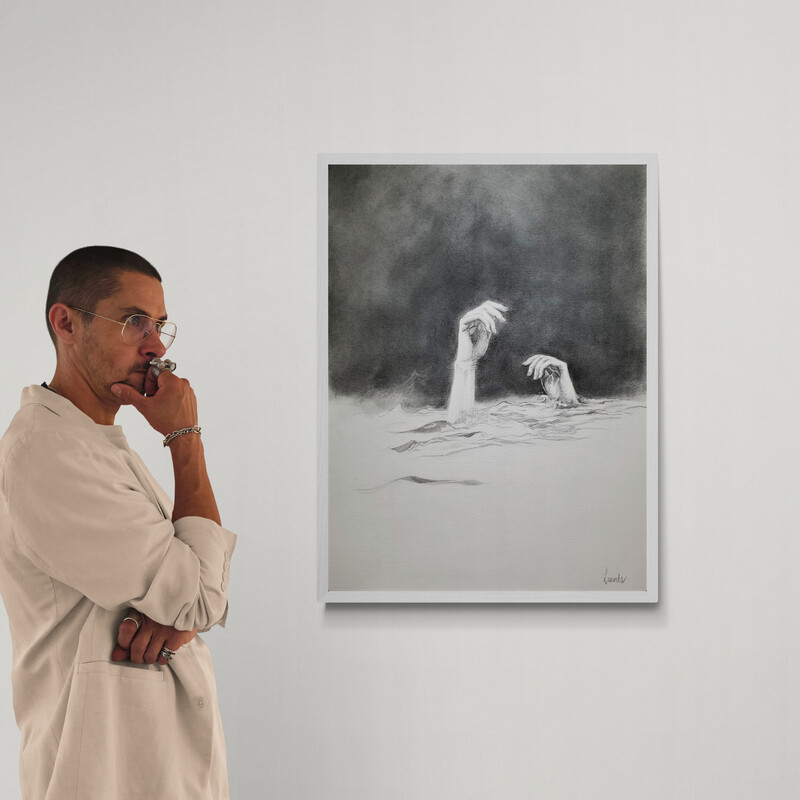 urrender, original graphite drawing by Australian artist Lucinda Leveille depicting two hands emerging from dark water beneath a stormy sky.
