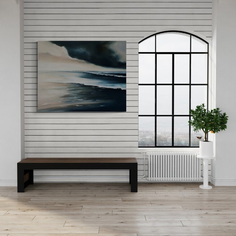 A large statement piece, inspired by the waves crashing into the shore, Original Australian coastal sky landscape painting shaped by sky, water and weather.