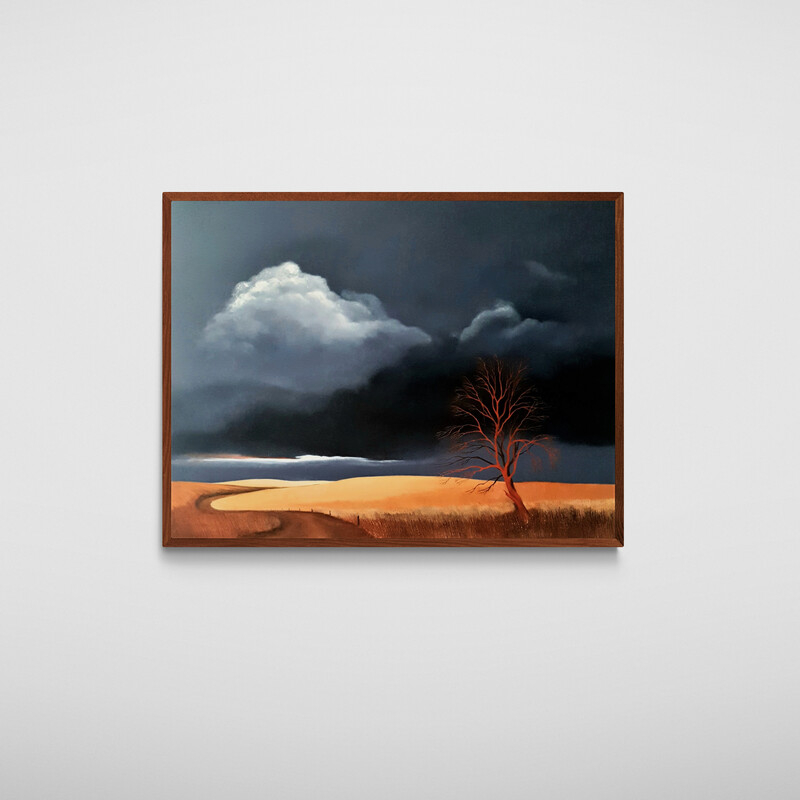 Original tree landscape painting with a quiet horizon, soft light and stormy sky in deep teal and gold