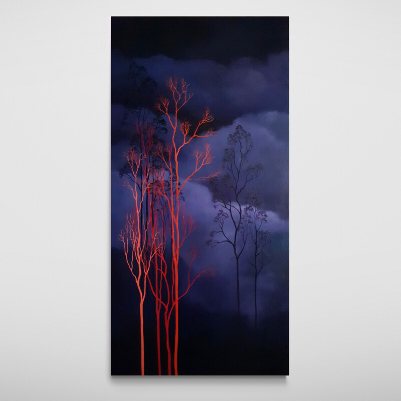 Atmospheric painting of Australian gum trees at night