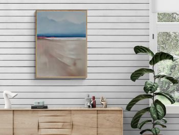 An Australian coastal landscape painting that captures that serene and almost magical silence that envelops the beach at dusk. Soft blues in the sky and sea with a long beach leading to the ocean
