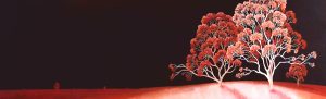 Crimson Tempest, original Australian landscape painting by Lucinda Leveille featuring red flowering gum trees beneath a dramatic dark sky.
