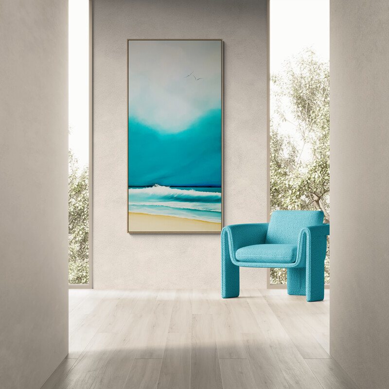a tall atmospheric seascape showing beach, couds, waves and dancing birds in the sky by Lucinda Leveille