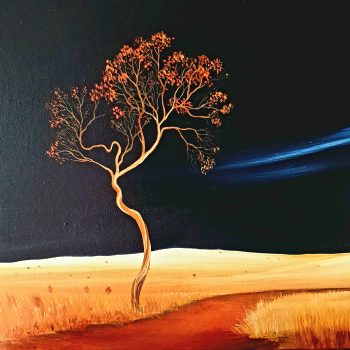 Gold land | Lucinda Leveille Art | tree | red | road | landscape | Gold Coast Art | Gold Coast Artist | Brisbane artist | Brisbane art | blue | original art | Lucinda's Studio