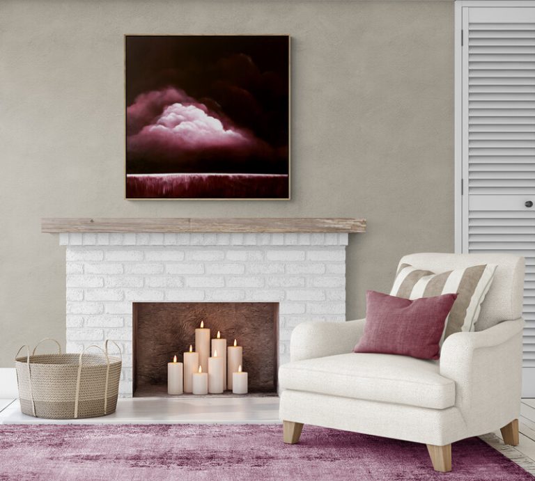 Atmospheric cloud painting by Lucinda Leveille bringing warmth and quiet drama into an interior setting.
