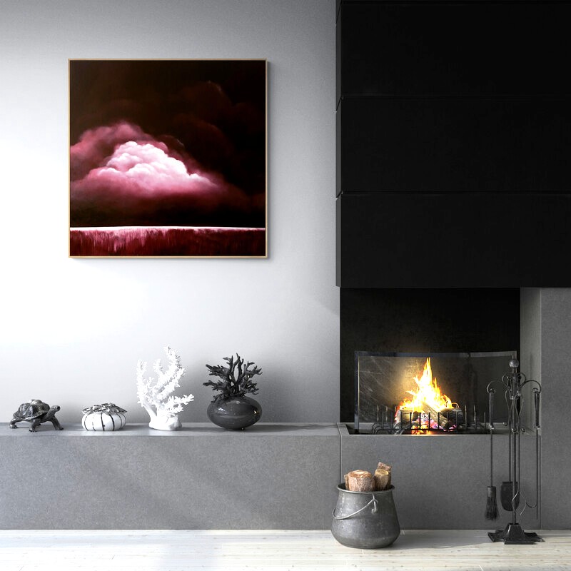 Luminous pink cloud illuminated against a dark evening sky in an atmospheric night cloud painting