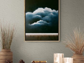 An original Australian atmospheric landscape painting in deep blues an white with night clouds over a crop field