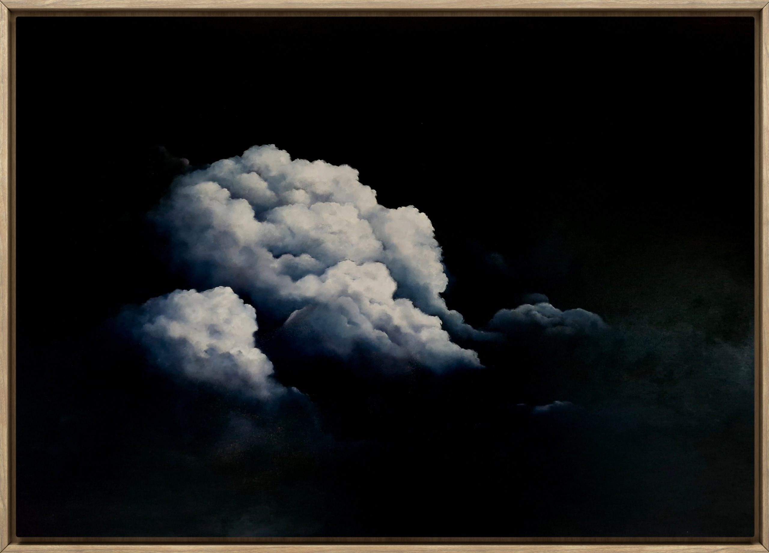 Music Of The Night | Lucinda Leveille Art | highlighted clouds, moody sky, rich blues framed in oak, original art