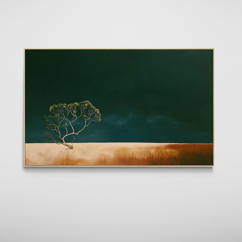Atmospheric Australian tree landscape painting with open land and dramatic clouds