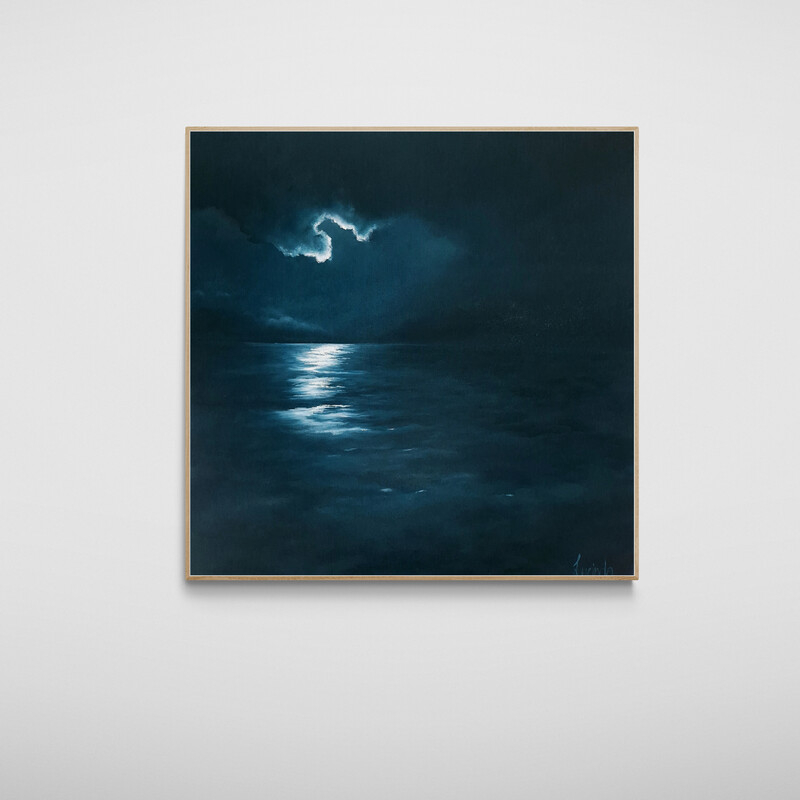 Contemporary Australian seascape with moody clouds and calm water and moonlit waves by Lucinda Leveille