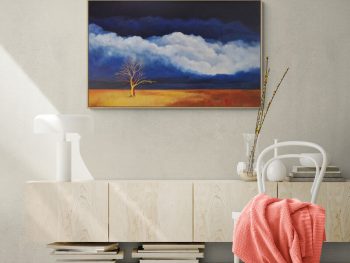 Original Australian atmospheric landscape oil painting featuring a dramatic sky with soft light breaking through layered clouds and featuring gum trees