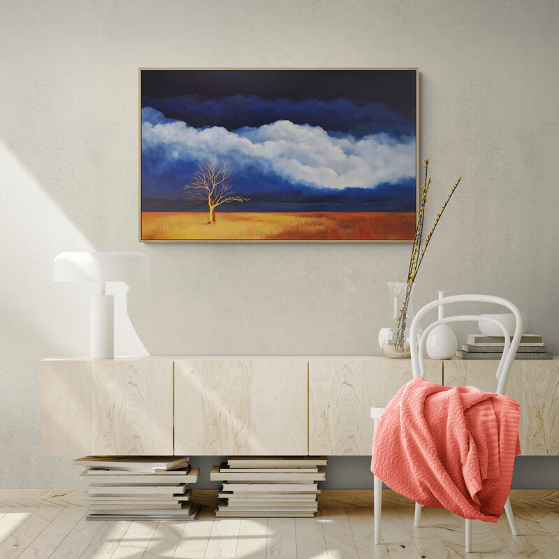 Original Australian atmospheric landscape oil painting featuring a dramatic sky with soft light breaking through layered clouds and featuring gum trees