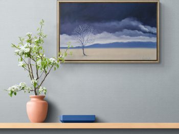 Original Australian atmospheric landscape oil painting featuring a dramatic sky with soft light breaking through layered clouds and featuring gum trees