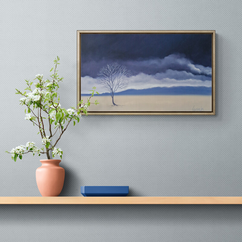 Original Australian atmospheric landscape oil painting featuring a dramatic sky with soft light breaking through layered clouds and featuring gum trees