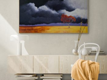 Original Australian atmospheric landscape oil painting featuring a dramatic sky with soft light breaking through layered clouds and featuring gum trees