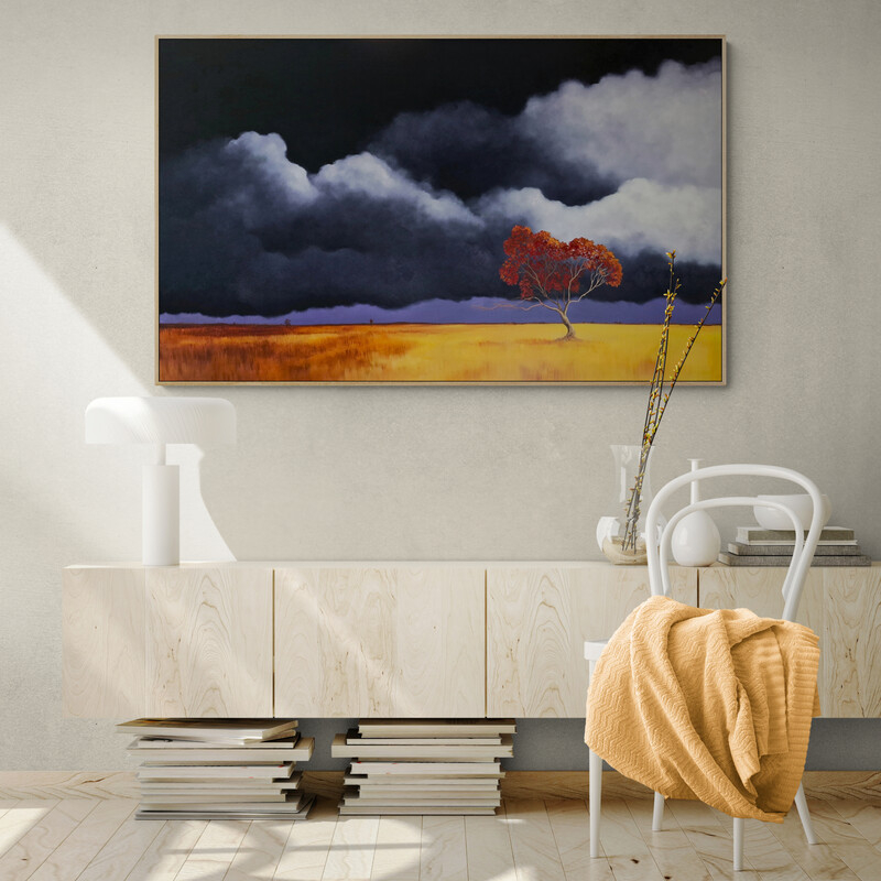 Original Australian atmospheric landscape oil painting featuring a dramatic sky with soft light breaking through layered clouds and featuring gum trees