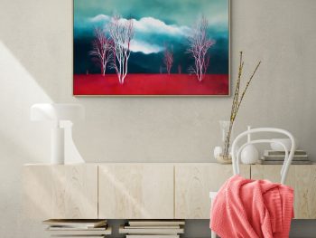 Original Australian atmospheric landscape oil painting featuring a dramatic sky with soft light breaking through layered clouds and featuring gum trees