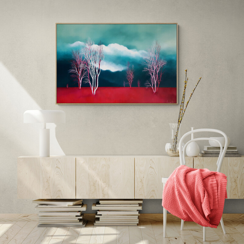 Original Australian atmospheric landscape oil painting featuring a dramatic sky with soft light breaking through layered clouds and featuring gum trees