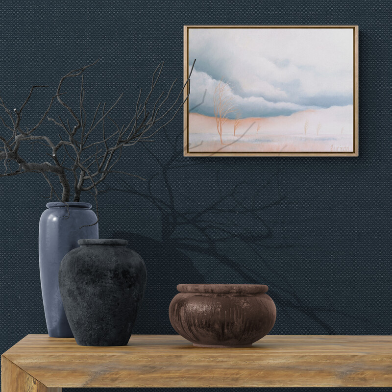 Original Australian atmospheric landscape oil painting featuring a dramatic sky with soft light breaking through layered clouds and featuring gum trees