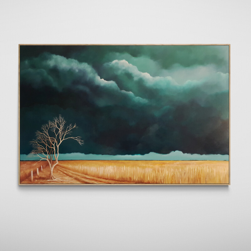 Quiet landscape painting with tree, open distance and soft atmospheric clouds