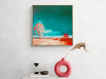Landscape in oil: a winding country road flanked by gum trees under a aqua sky, red tones with touches of orange, framed in oak - Lucinda Leveille