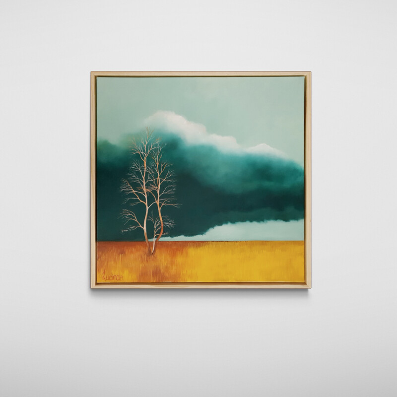 Atmospheric Australian tree landscape painting with open land and dramatic clouds