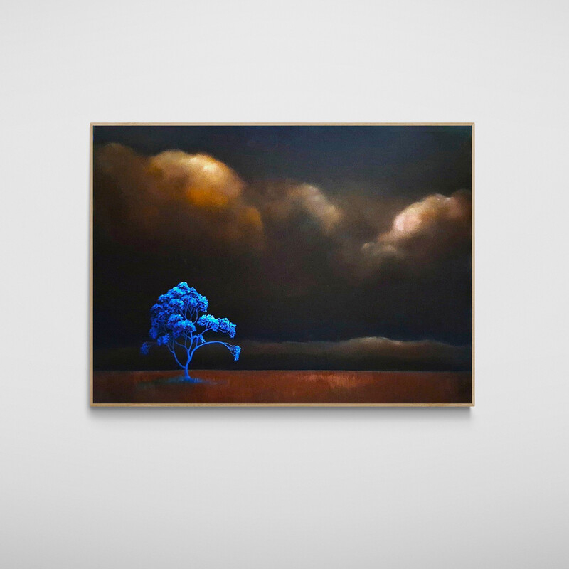 Quiet night time landscape painting with tree, open distance and soft atmospheric clouds