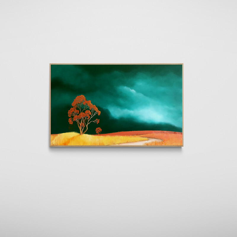 Atmospheric Australian tree landscape painting with open land and dramatic clouds