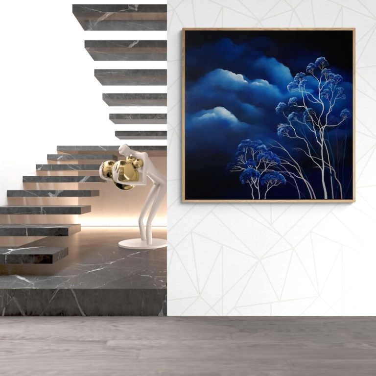 original oil painting of ghost gum trees in moonlight in the Australian landscape in situ photo
