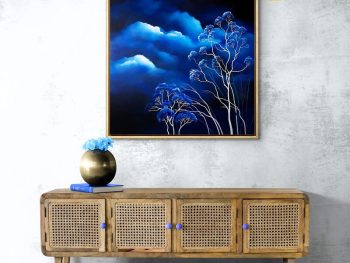 Large atmospheric landscape painting with white eucalyptus trees and dramatic blue storm clouds. Original Australian cloudscape artwork by Lucinda Leveille featuring weather, mood and contemporary landscape painting.