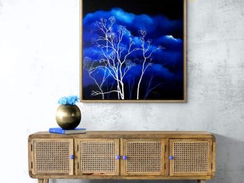 Large atmospheric landscape painting with white eucalyptus trees and dramatic blue storm clouds. Original Australian cloudscape artwork by Lucinda Leveille featuring weather, mood and contemporary landscape painting.