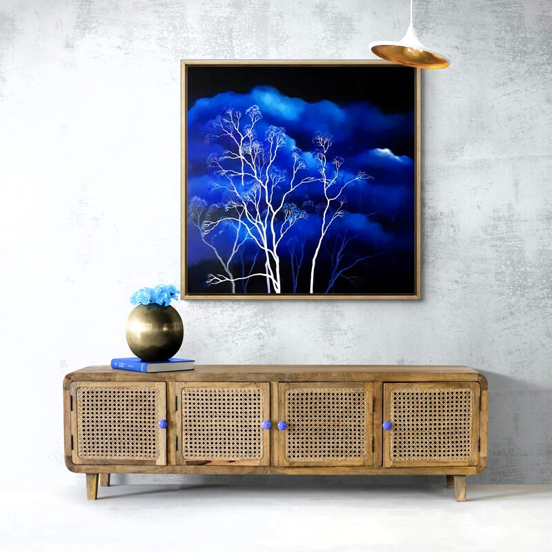 Large atmospheric landscape painting with white eucalyptus trees and dramatic blue storm clouds. Original Australian cloudscape artwork by Lucinda Leveille featuring weather, mood and contemporary landscape painting.