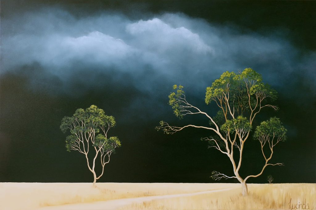 Original tree landscape painting with a quiet horizon, soft light and stormy sky