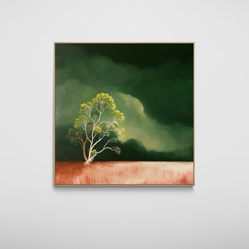 Atmospheric Australian tree landscape painting with open land and dramatic clouds