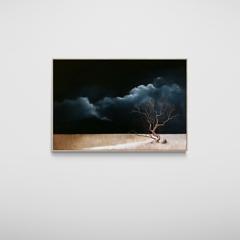 Atmospheric Australian tree landscape painting with open land and dramatic clouds