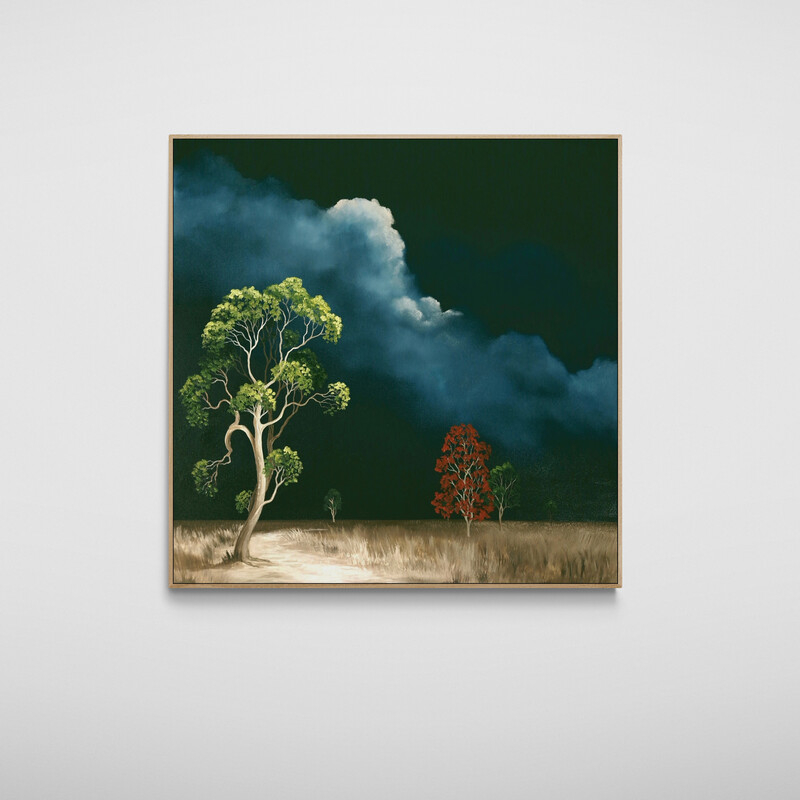 Original tree landscape painting with a quiet horizon, soft light and stormy sky