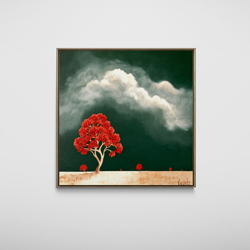 Original tree landscape painting with a quiet horizon, soft light and stormy sky