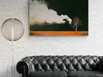 Lucinda Leveille Art |Lucinda Leveille Art | dark moody sky with highlighted clouds, flat horizon in foreground solitary tree hill, Australian landscape painting, atmospheric
