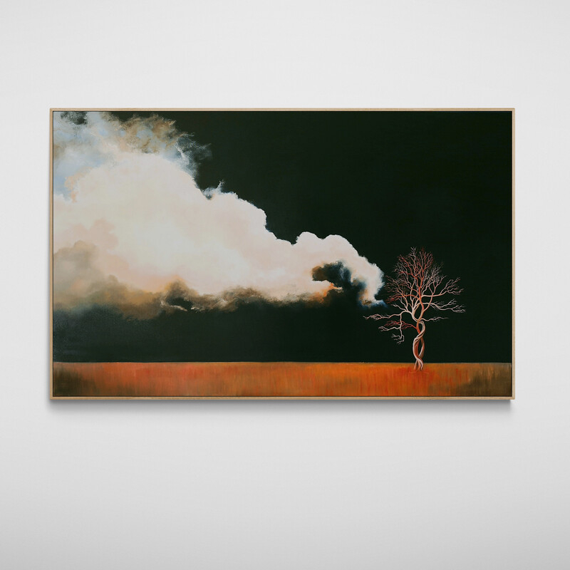 Original tree landscape painting with a quiet horizon, soft light and stormy sky