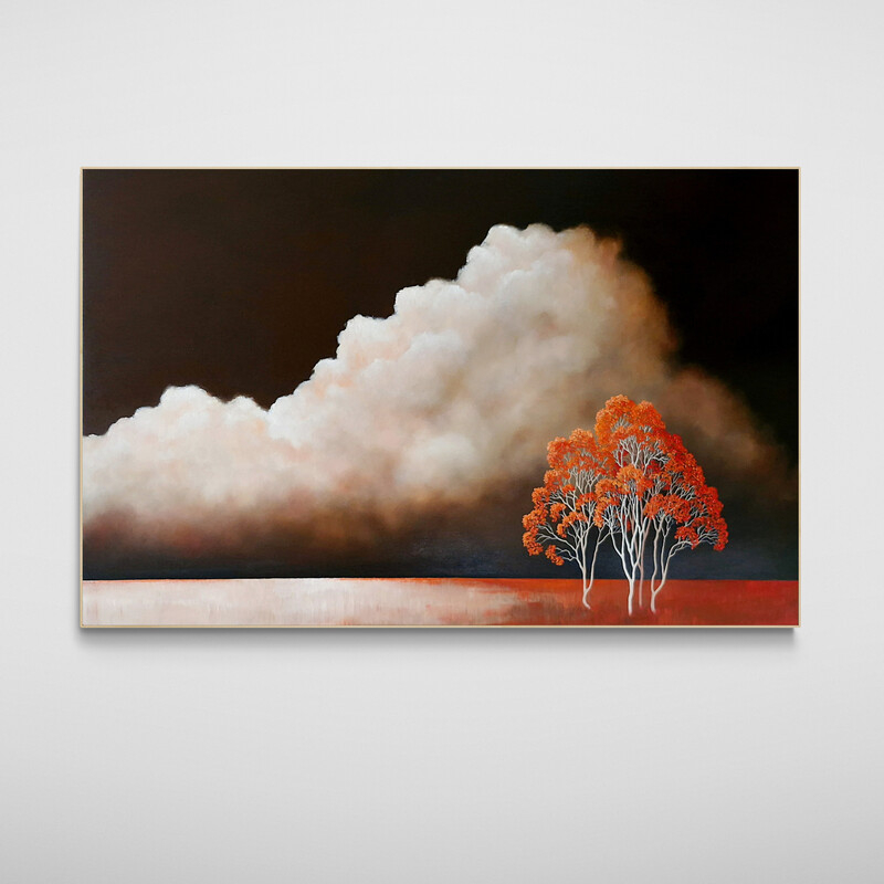 Atmospheric Australian tree landscape painting with open land and dramatic clouds