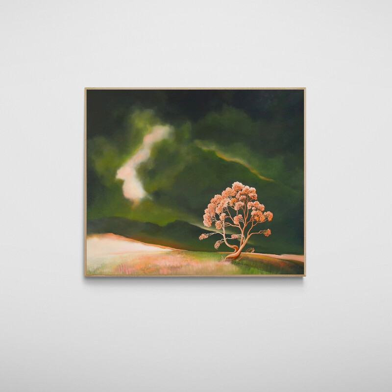 Quiet landscape painting with tree, open distance and soft atmospheric clouds