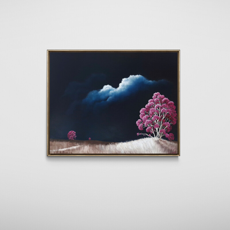 Atmospheric Australian tree landscape painting with open land and dramatic clouds
