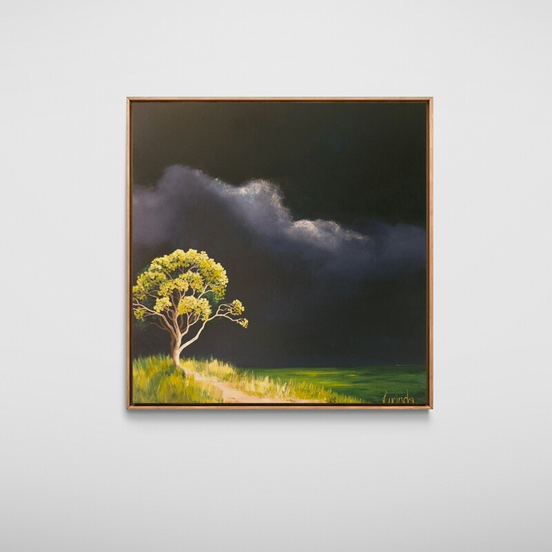 Contemporary Australian landscape painting with solitary tree and moody weather