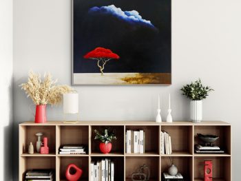 Original Australian landscape painting with glowing tree and storm atmosphere by Lucinda Leveille