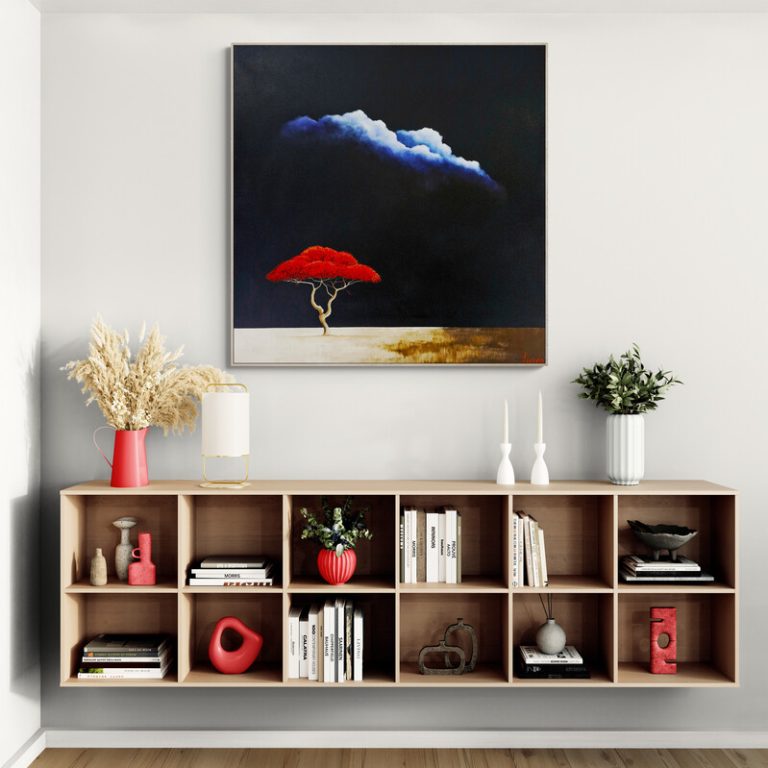 Original Australian landscape painting with glowing tree and storm atmosphere by Lucinda Leveille