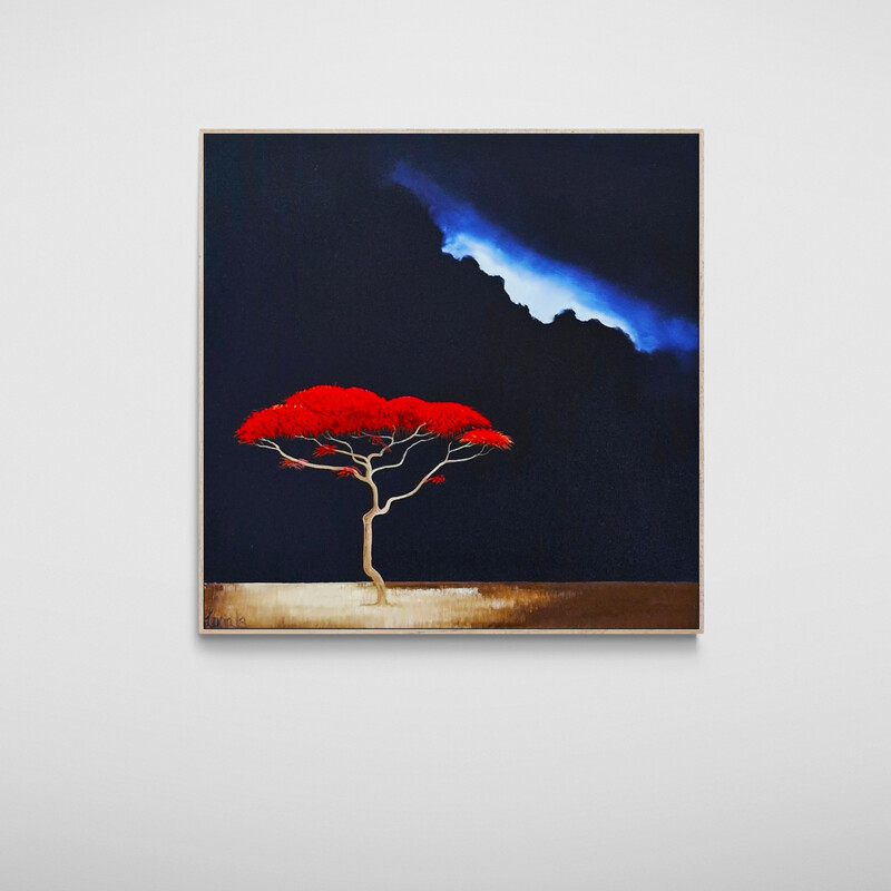 Atmospheric savanna landscape painting with a red tree, open land and moody sky
