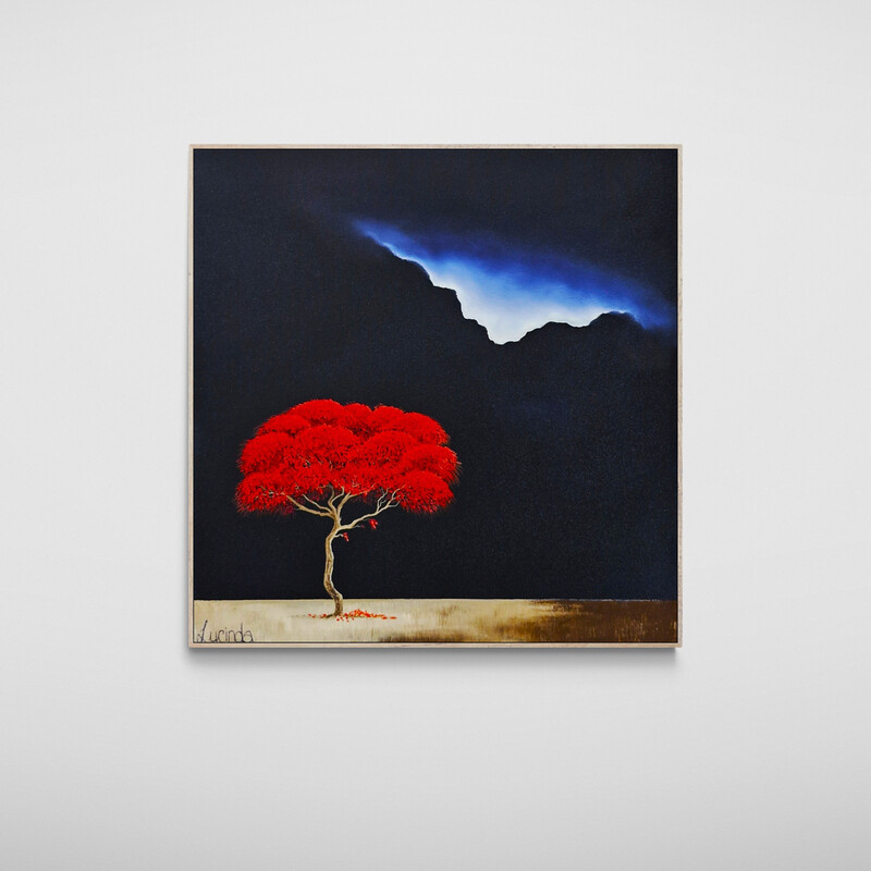 Quiet savanna painting with red tree, distant horizon and weather-filled sky
