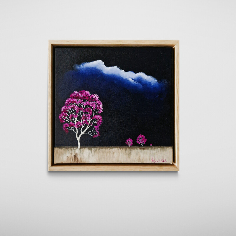 Atmospheric Australian tree landscape painting with open land and dramatic clouds